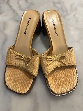 Unlisted Tan Woven Natural Raffia Slide Mules Sandals with Bow Detail